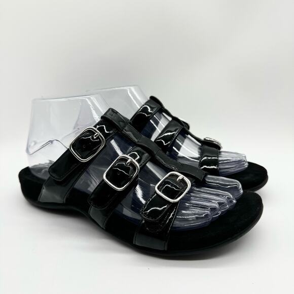Vionic Misa Strappy Buckle Slide Sandals Black Patent Sz 6 Minimal Office Dressy - Picture 2 of 11